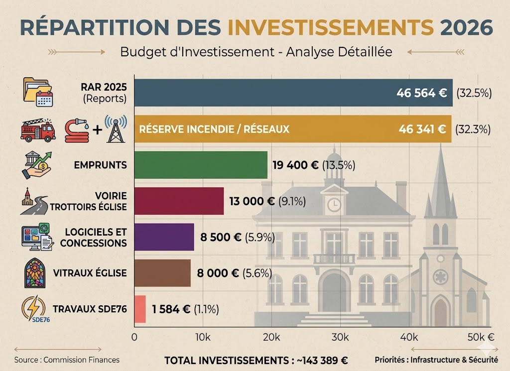 Répartition des investissements 2026 : RAR, réserve incendie, emprunts, voirie, vitraux