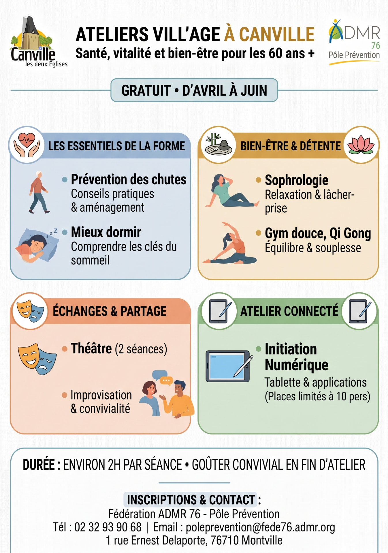 Affiche des ateliers Vill'Âge à Canville-les-Deux-Églises : ateliers gratuits santé, vitalité et bien-être pour les 60 ans et plus, d'avril à juin, animés par le Pôle Prévention de la Fédération ADMR 76