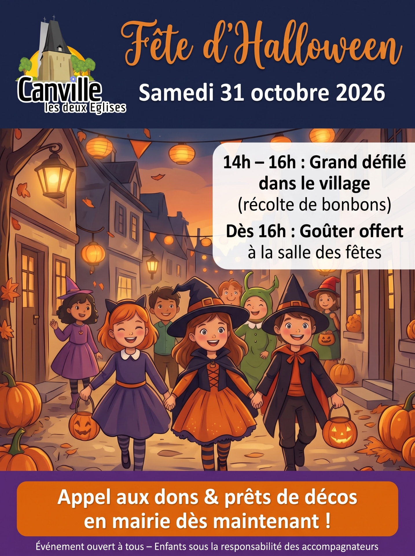 Affiche de la fête d'Halloween du samedi 31 octobre 2026 à Canville-les-Deux-Églises : défilé costumé de 14h à 16h et goûter à la salle des fêtes dès 16h