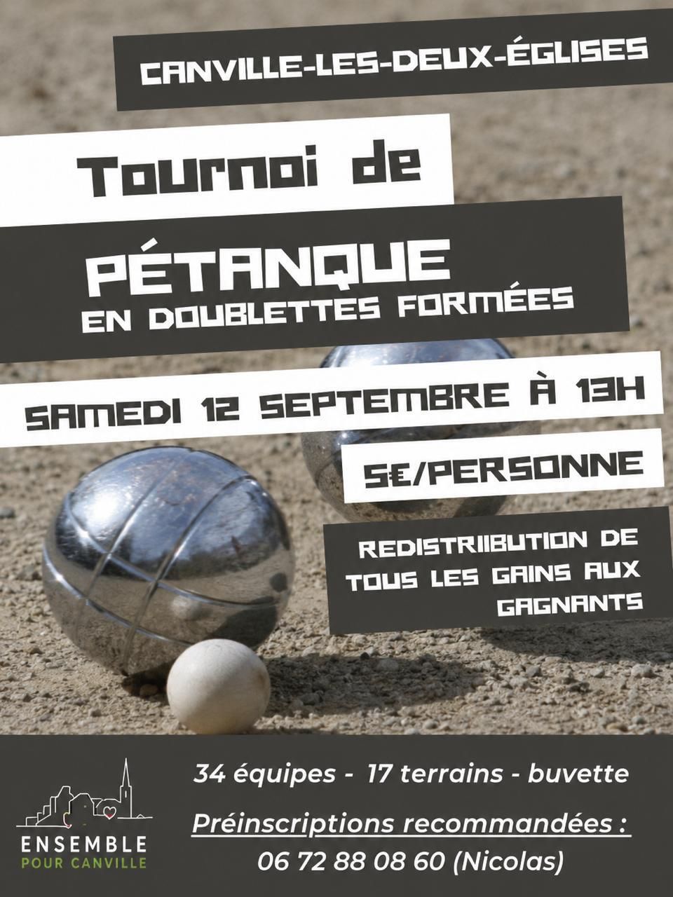 Affiche du tournoi de pétanque en doublettes formées du 12 septembre 2026 à Canville-les-Deux-Églises