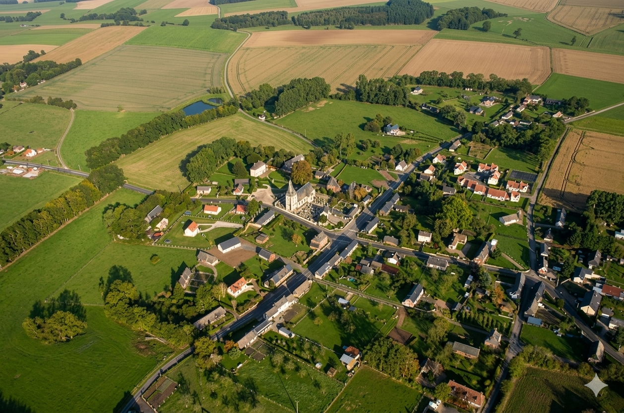 Vue aérienne de Canville-les-Deux-Églises avec son église et les champs cultivés du plateau cauchois